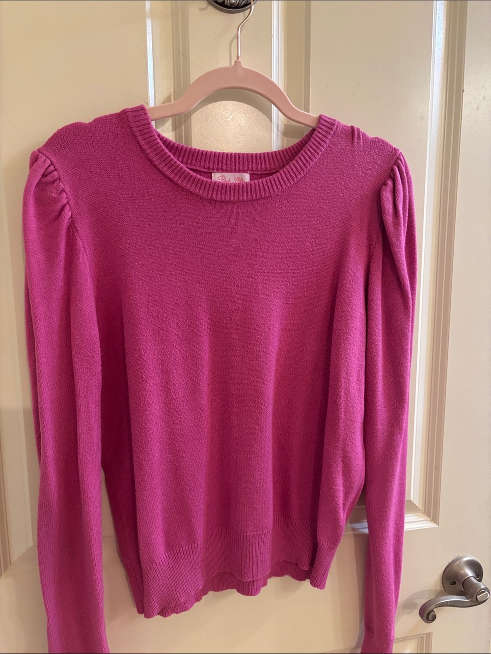 Pink Lily Fuchsia Puff-Sleeve Crewneck Sweater